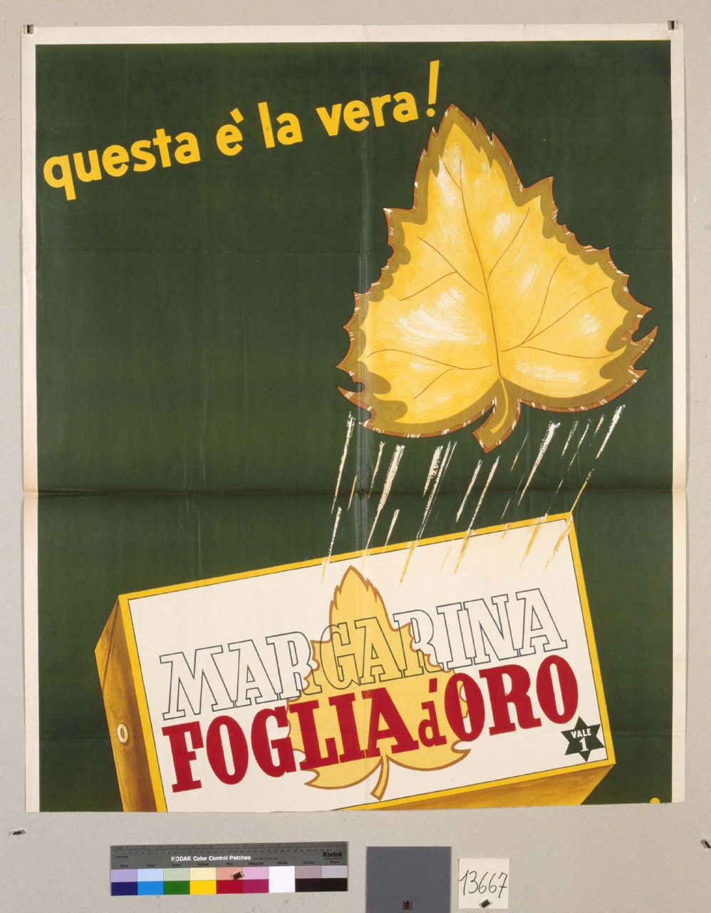 panetto di margarina dal quale si solleva con slancio una foglia (manifesto) - ambito italiano (sec. XX)