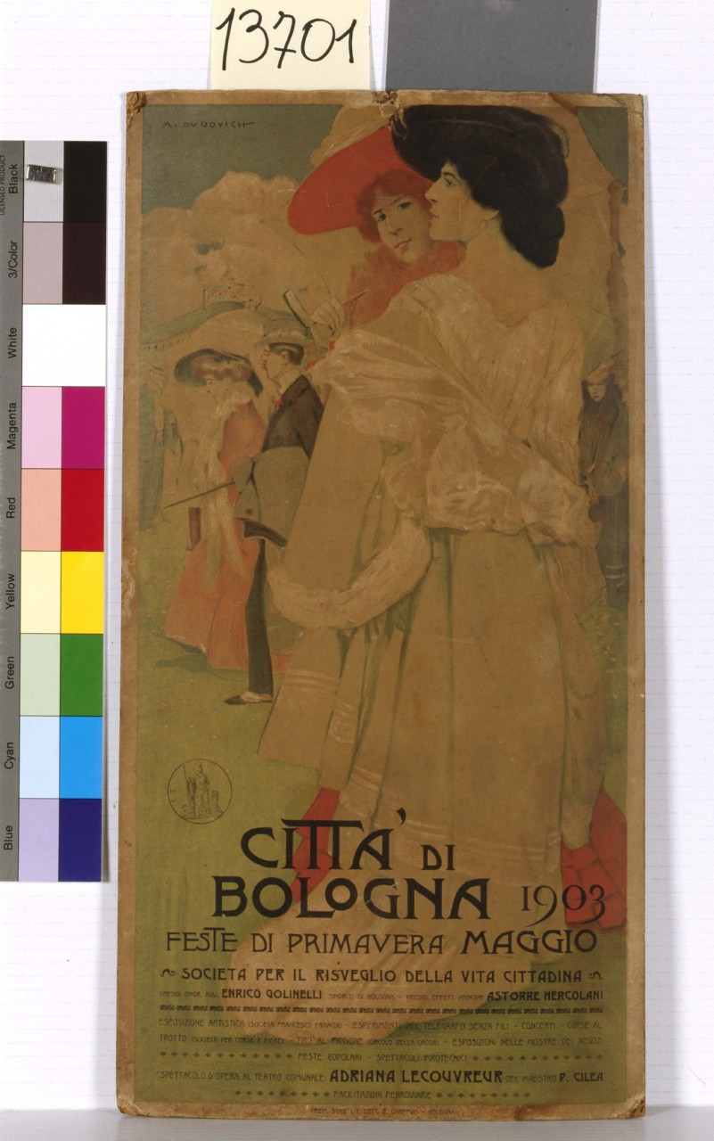 due donne con cappelli e abiti eleganti sullo sfondo di un paesaggio primaverile (locandina) di Dudovich Marcello (sec. XX)