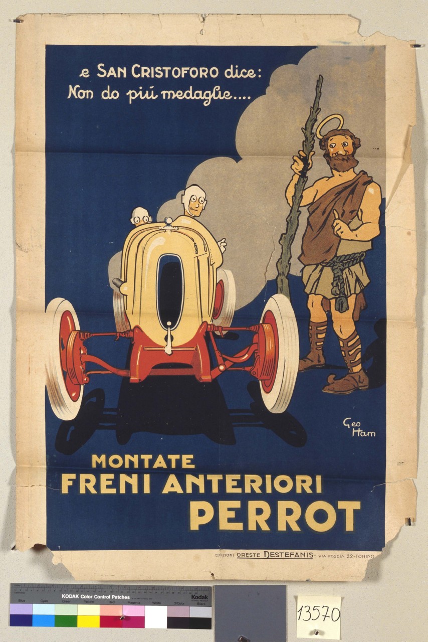San Cristoforo guarda con ammirazione una macchina a due posti (manifesto) di Hamel Georges detto Géo Ham (sec. XX)