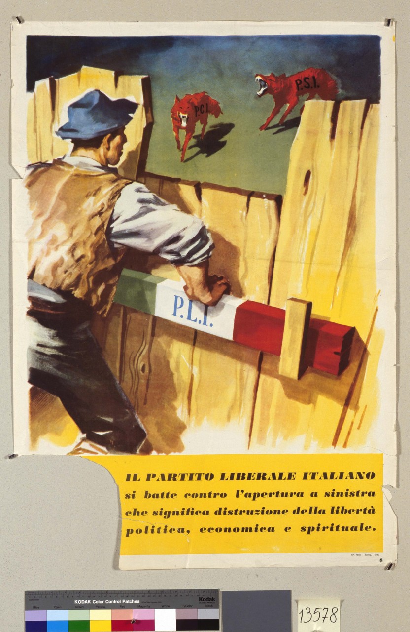 figura maschile chiude un recinto nel quale sono due lupi che ringhiano (manifesto) - ambito italiano (sec. XX)
