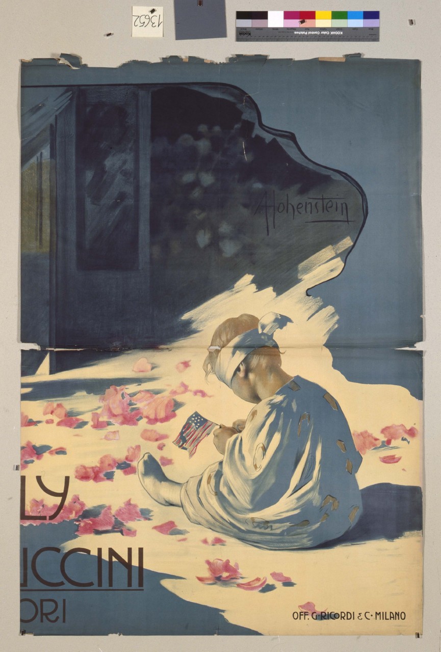 bambino biondo seduto con gli occhi bendati sorregge una bandierina (manifesto, stampa composita) di Hohenstein Adolf (sec. XX)