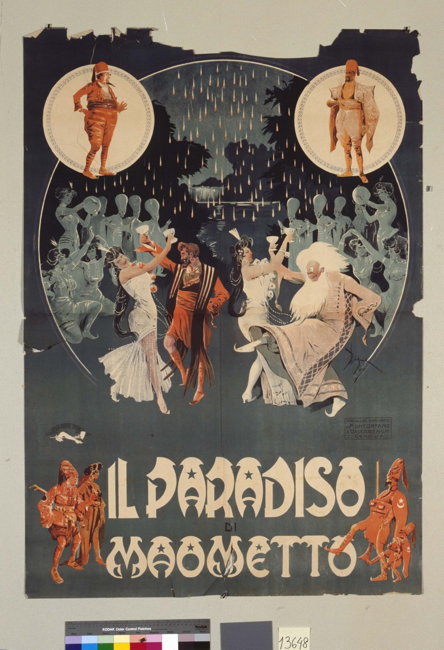 figure maschili e femminili danzano sotto la pioggia e sullo sfondo gli astanti in abiti orientali assistono alla scena ballando e suonando strumenti musicali (manifesto) di Garuti Giuseppe detto Pipein Gamba (sec. XIX)