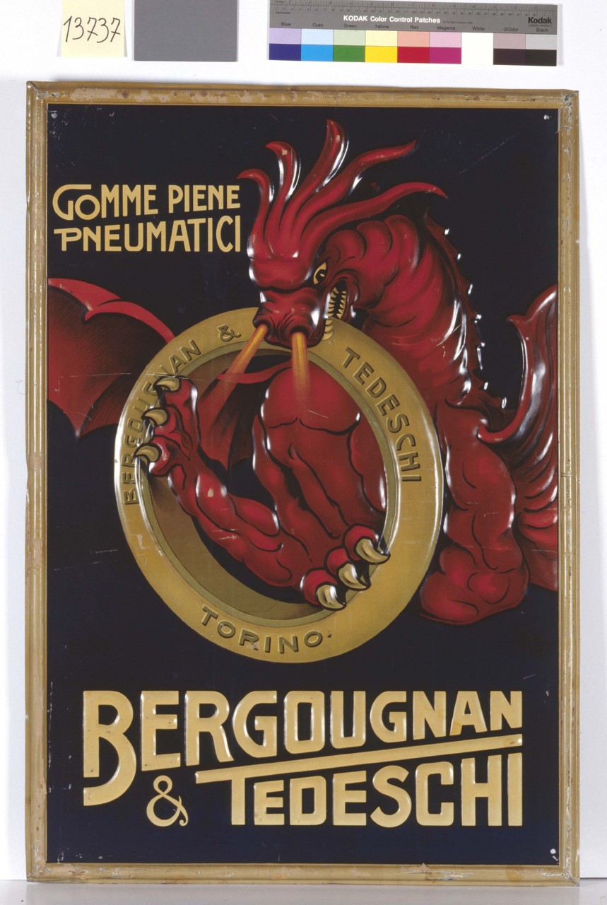 drago rosso trattiene con le zampe uno pneumatico (tabella) - ambito italiano (sec. XX)