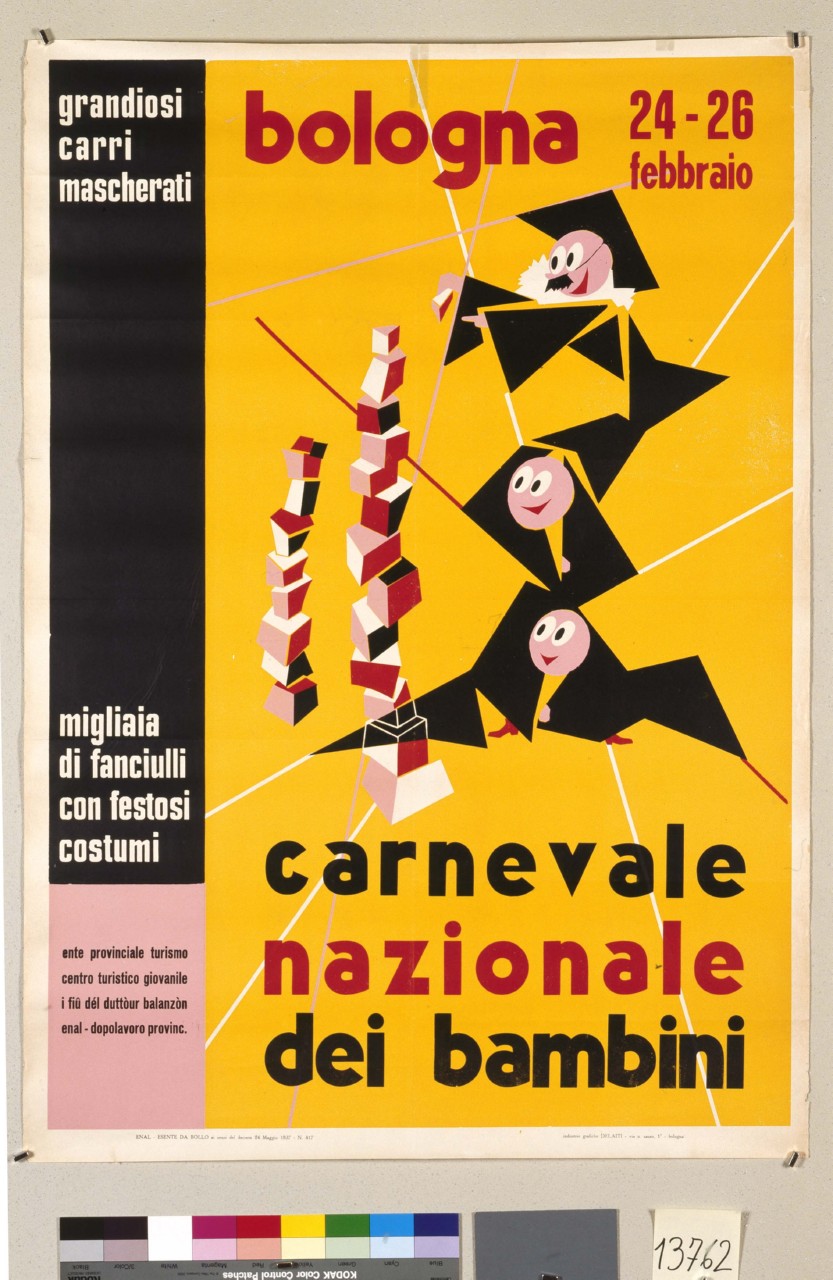 tre faccine osservano soprese delle figure geometriche sovrapposte (manifesto) - ambito italiano (sec. XX)
