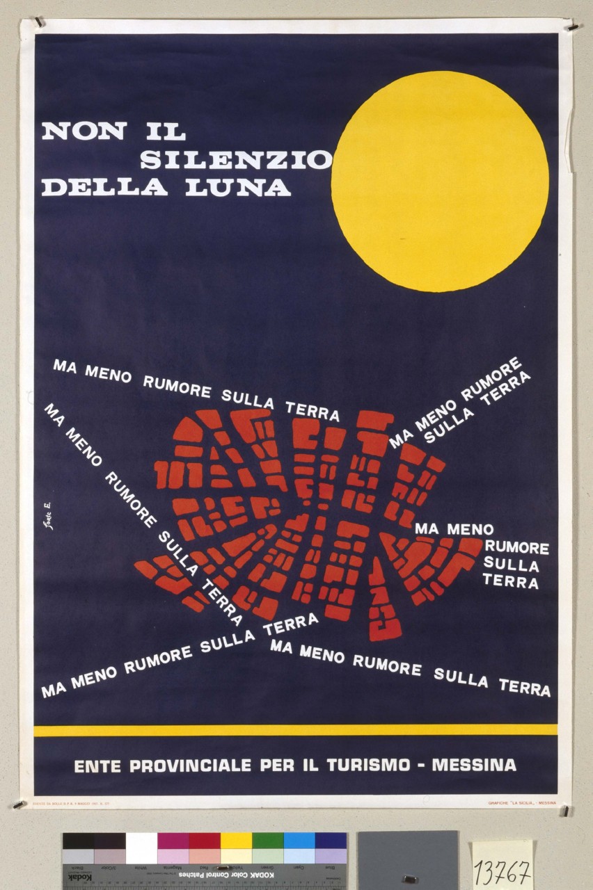 luna piena su fondo scuro con scritte (manifesto) - ambito italiano (sec. XX)