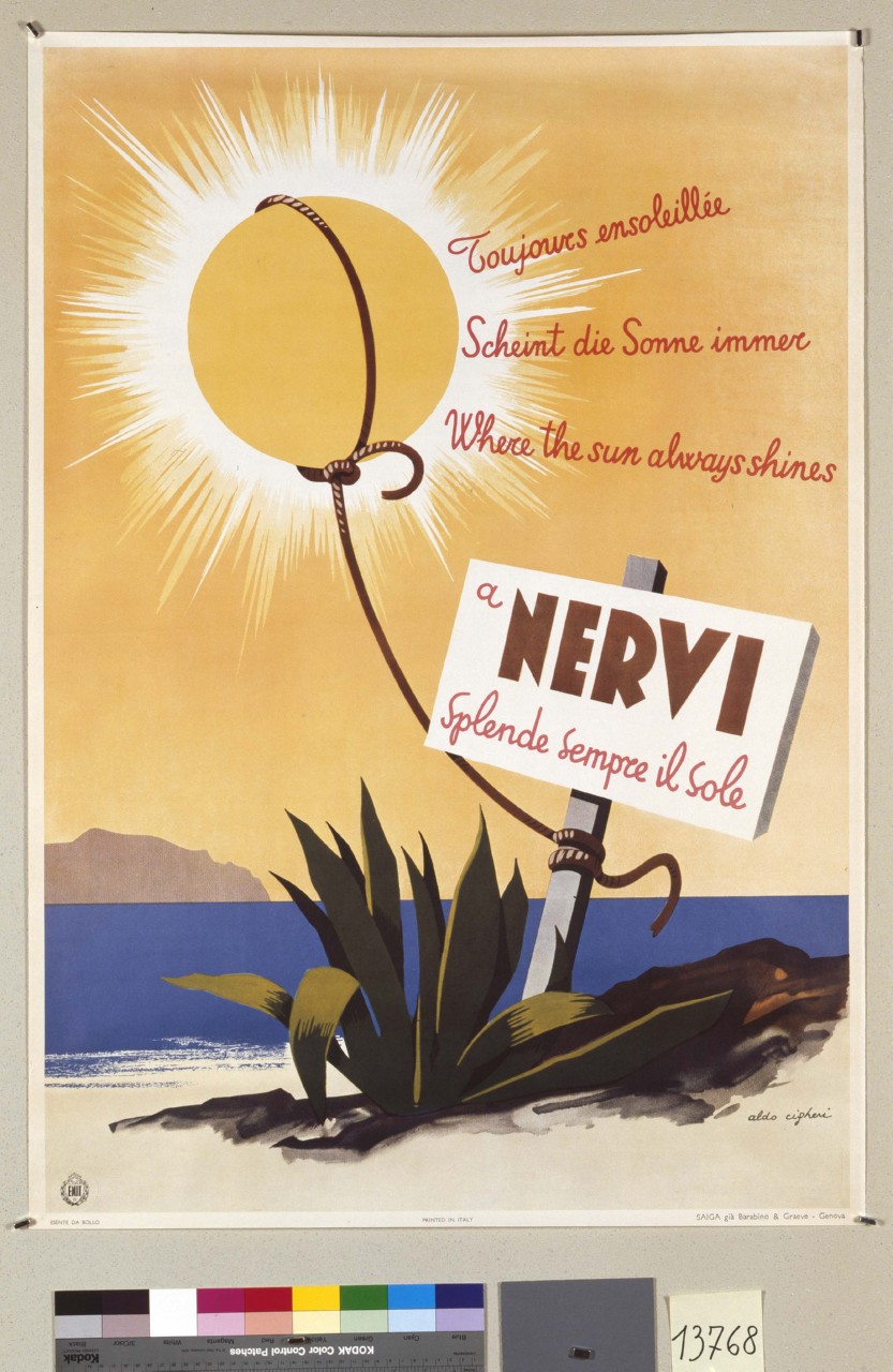 sole splendente legato a un palo di metallo (manifesto) di Cigheri Aldo (metà sec. XX)