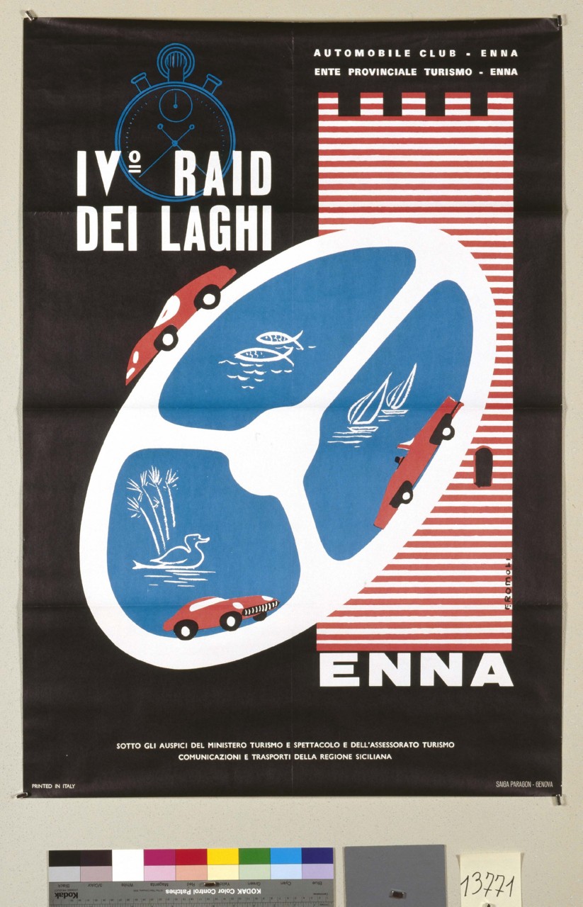 tre macchine corrono sul bordo interno ed esterno di un volante (manifesto) di Romoli Filippo (sec. XX)