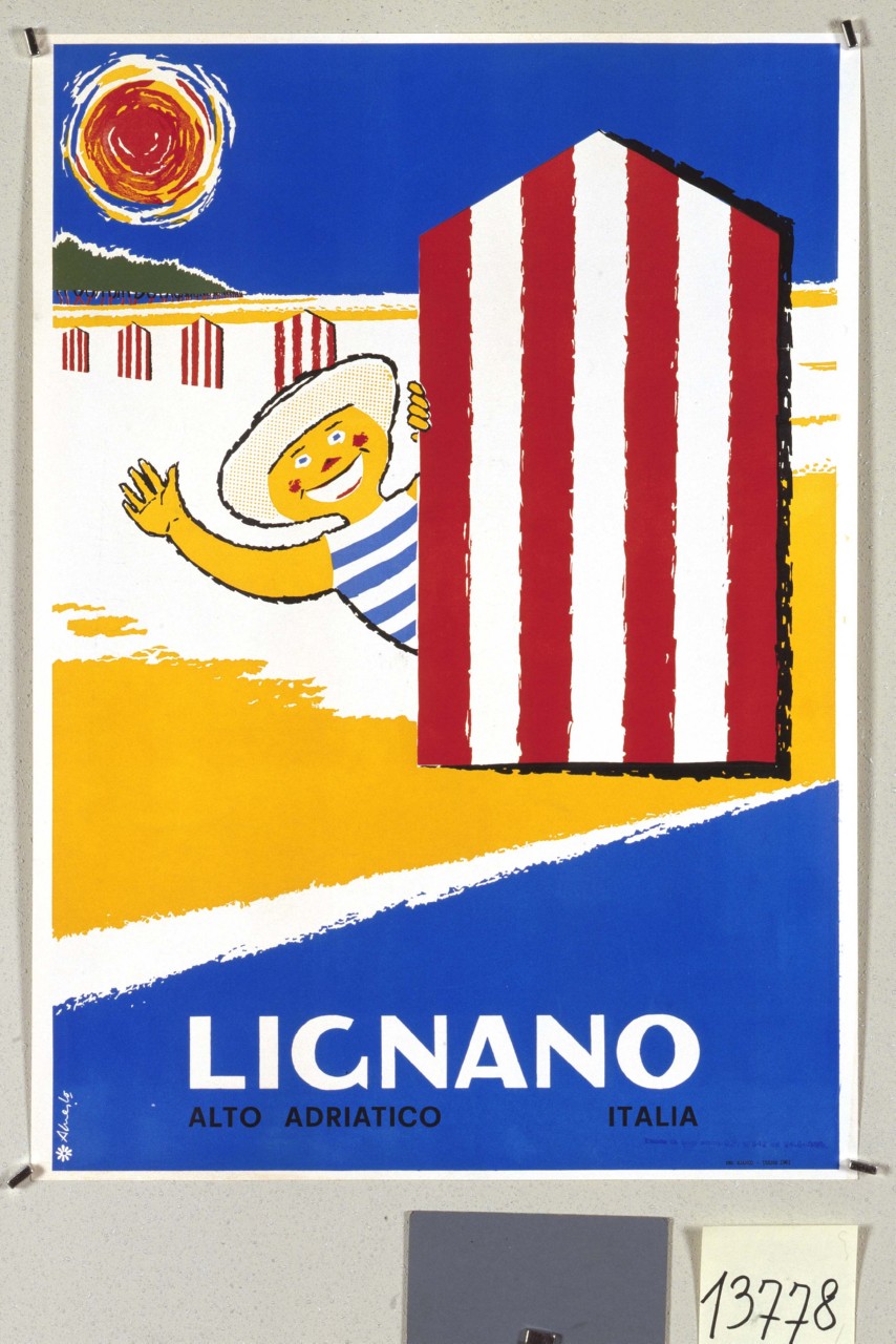 villeggiante sulla spiaggia si affaccia sorridente da una cabina (manifesto) - ambito italiano (sec. XX)