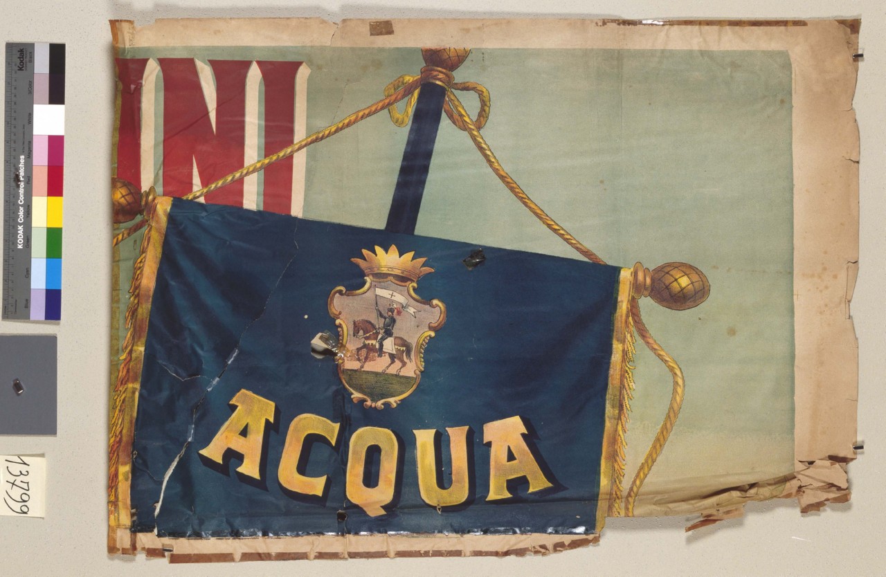 stendardo con stemma comunale e scritte pubblicitarie (manifesto) di Marchetti Romeo (prima metà sec. XX)