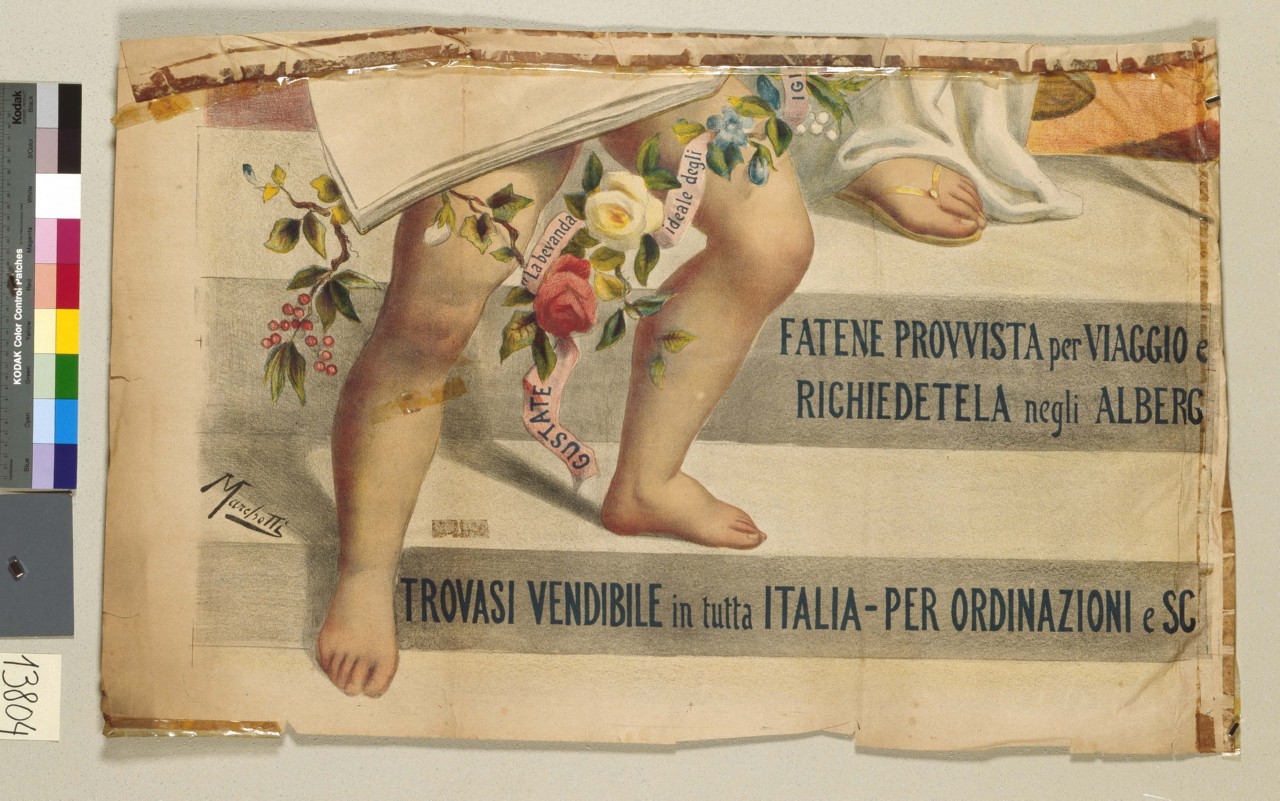 gambe di bambino sulle quali è raffigurata una decorazione floreale (manifesto) di Marchetti Romeo (prima metà sec. XX)