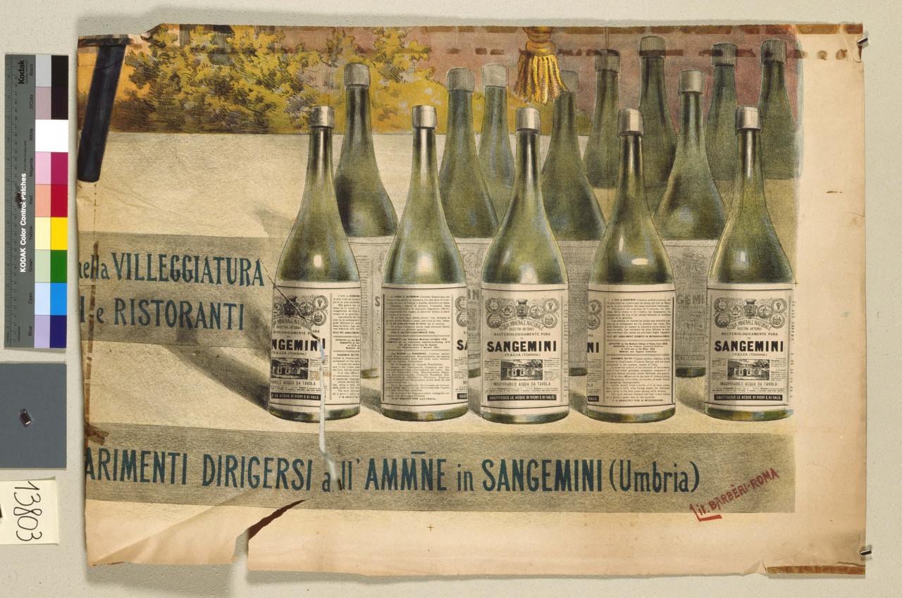bottiglie d'acqua sistemate su due ripiani (manifesto) di Marchetti Romeo (prima metà sec. XX)