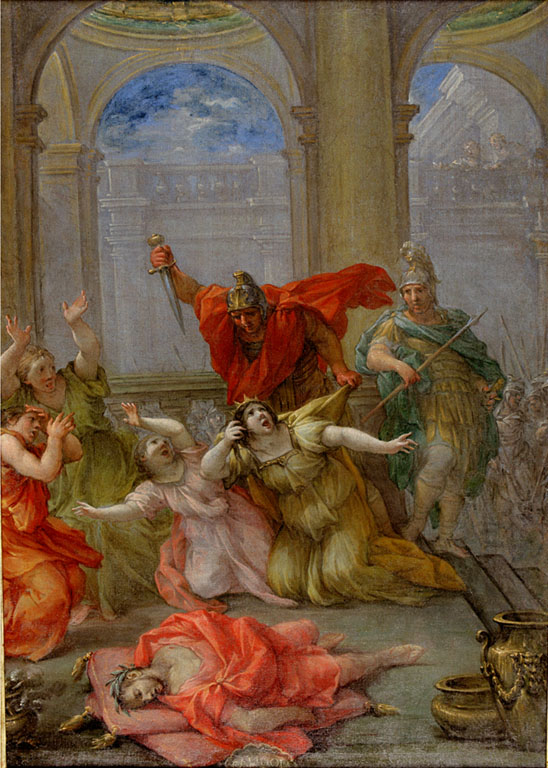 uccisione dell'imperatore Caligola, della moglie e della figlia (dipinto) di Baldi Lazzaro (sec. XVII)
