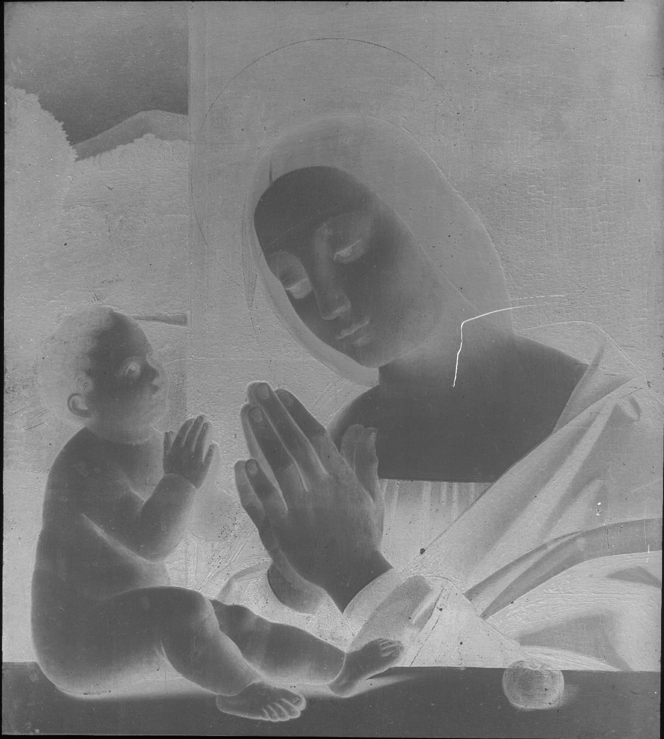 Pittura - Dipinti su tavola - Iconografia cristiana <Madonna in adorazione del Bambino> (negativo) di anonimo (XX)