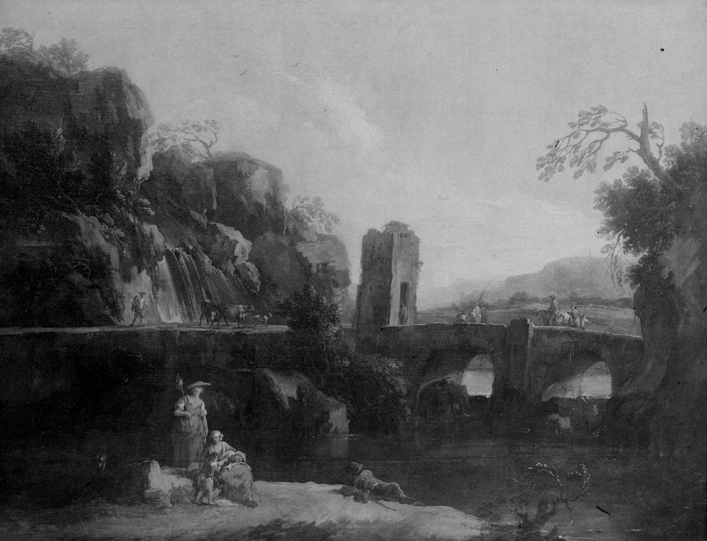 Paesaggio con viandanti e ponte in rovina - Dipinti (negativo) di Zais, Giuseppe, Anonimo (XX)