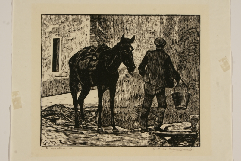 Il cavallino, un uomo abbevera un cavallo (stampa) di Ardau Cannas Battista (XX)