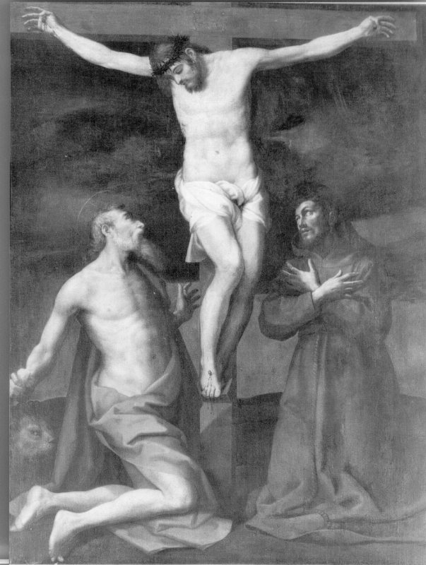 Cristo crocifisso tra San Girolamo e San Francesco d'Assisi (dipinto) di Ferrucci Nicodemo di Michelangelo (prima metà sec. XVII)
