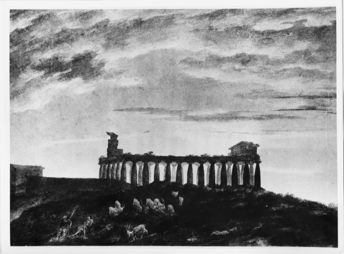 Paestum - Tempio di Nettuno - Tempio di Hera/Basilica - veduta (negativo) di Cozens, John Robert, anonimo (seconda meta' XX)