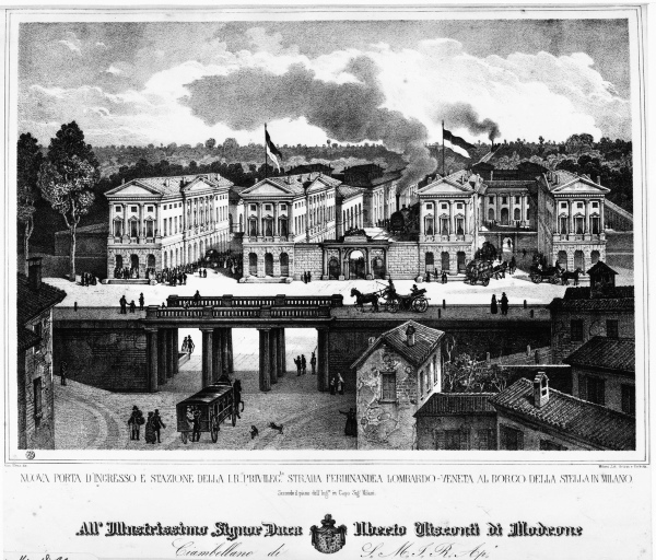 Stazione ferroviaria - Strada ferrata Ferdinandea Lombardo-Veneta - ingresso - veduta (negativo) di Milani, Elena, Gius, Brison; Corvetta, anonimo (seconda meta' XX)