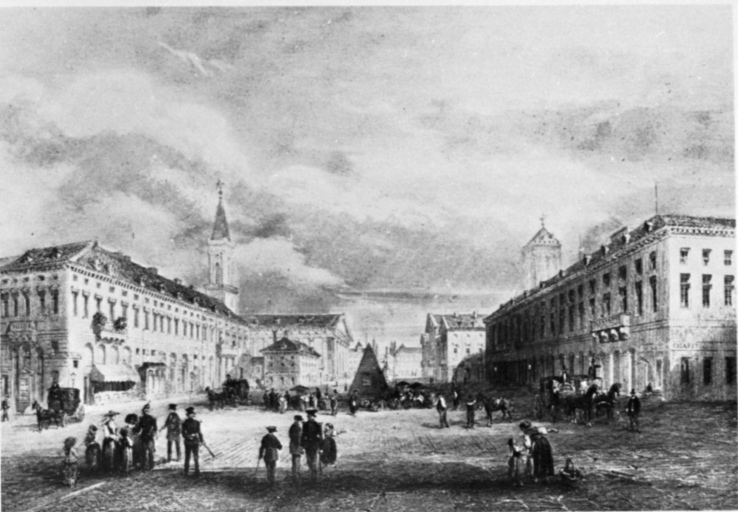 Karlsruhe - Marktplatz - Rathaus - Pfarrkirche - veduta (positivo) di Weinbrenner, Friedrich, anonimo (seconda meta' XX)