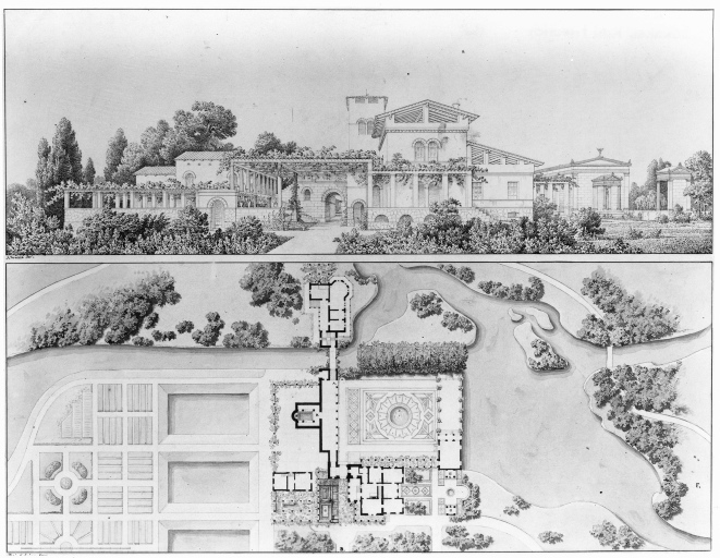 Charlottenhof - Casa del giardiniere - veduta - pianta (negativo) di Schinkel, Karl Friedrich, anonimo (seconda meta' XX)