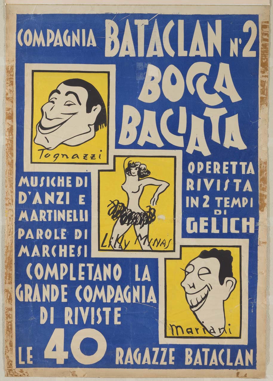 caricature di attori attorniate da scritte (manifesto) - ambito italiano (sec. XX)
