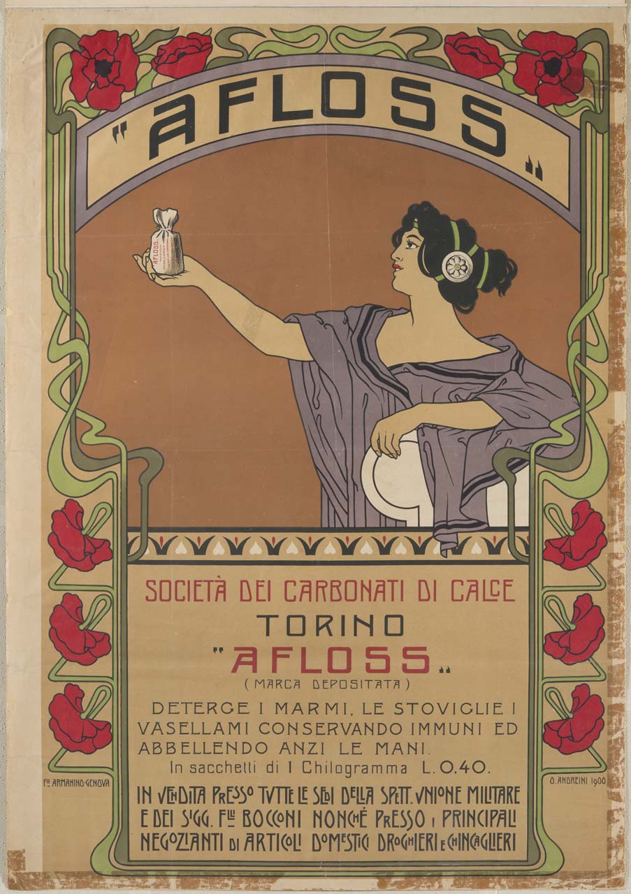 donna eleva e ammira un sacchetto di detergente (manifesto) di Andreini Ottorino (sec. XX)