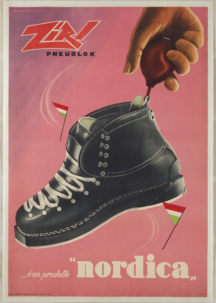mano olia scarpone da montagna tra bandierine tricolore (manifesto) di Rondinelli Franco (sec. XX)