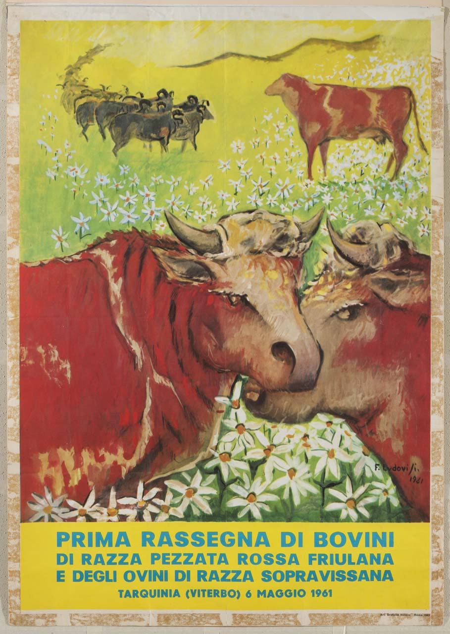 bovini e ovini al pascolo tra fiori (manifesto) di Ludovisi Felice (sec. XX)