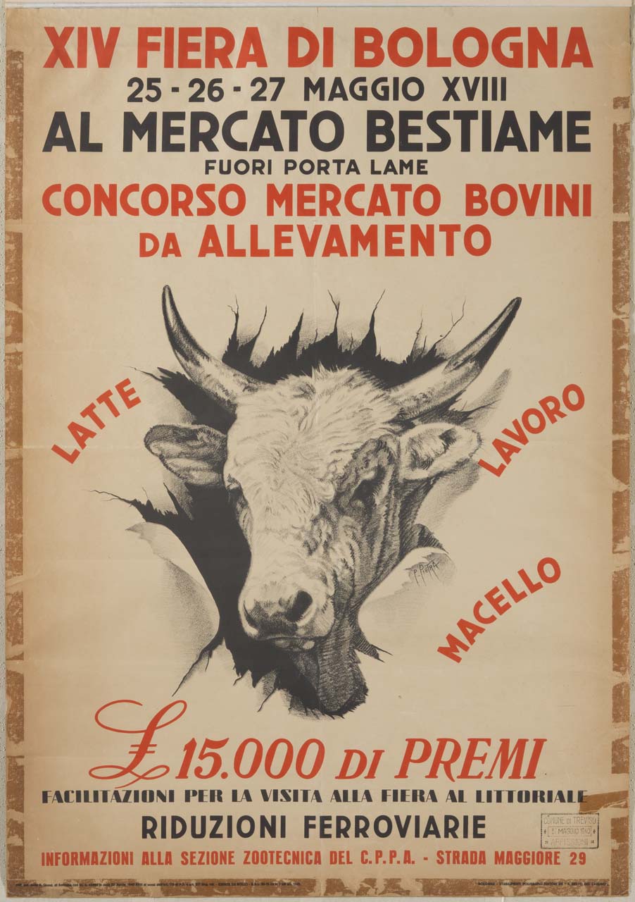 testa di toro attraversa un foglio di carta (manifesto) - ambito italiano (sec. XX)