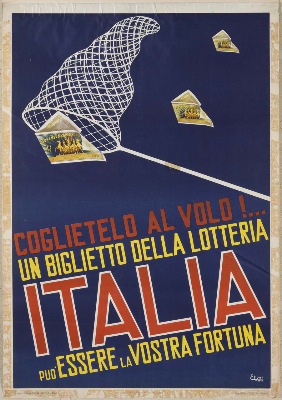retino per farfalle prende un biglietto della lotteria (manifesto) di Elisei - ambito italiano (sec. XX)