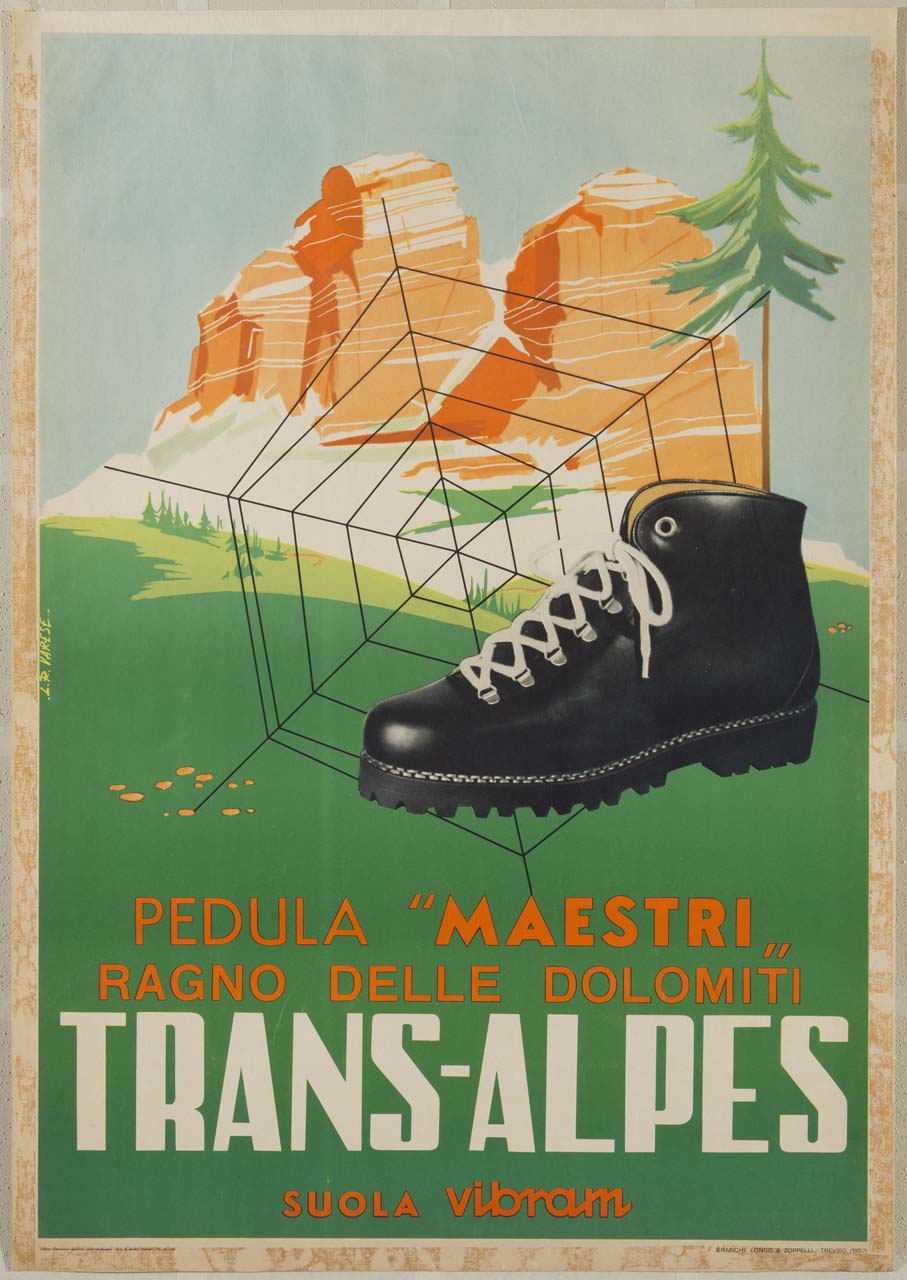 scarpone da montagna su una ragnatela fissata ad un pino, al prato e alla cima della montagna (manifesto) di Varese Renato (sec. XX)