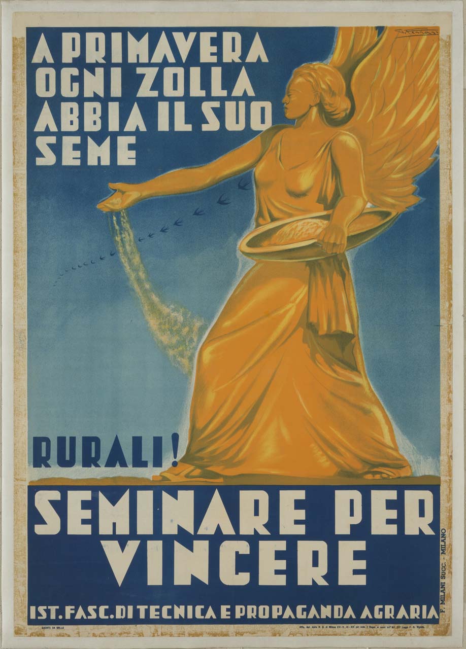 figura allegorica alata semina e rondini in volo (manifesto) di Ferrari Giulio (sec. XX)