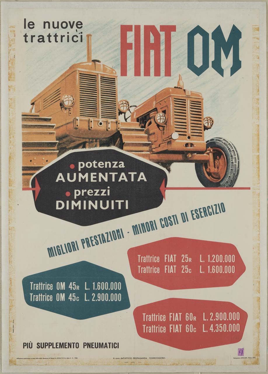 due trattori e scritte pubblicitarie e descrittive (manifesto) (sec. XX)