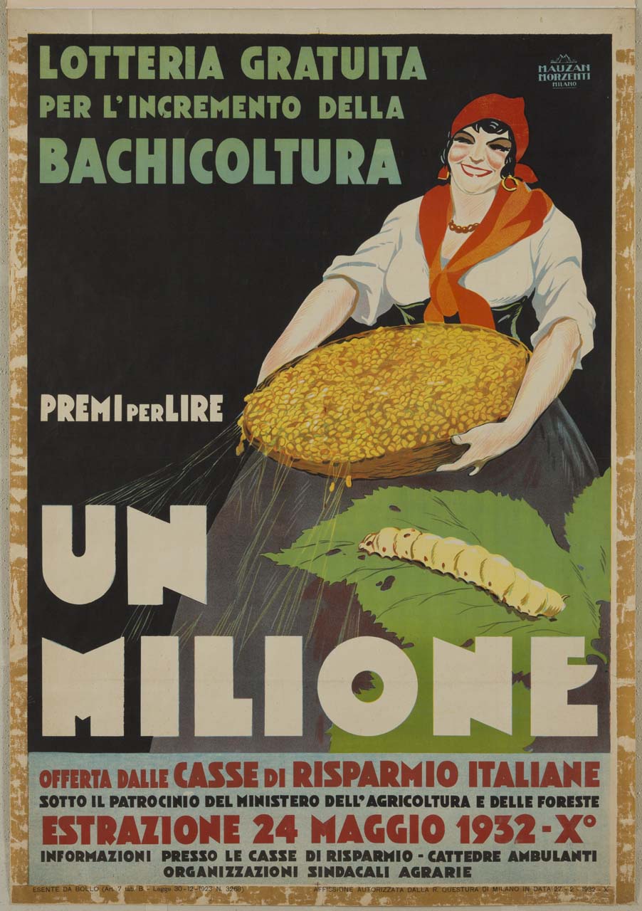 donna con una cesta di bachi da seta e un baco da seta sopra una foglia (manifesto) di Mauzan Achille Luciano (sec. XX)