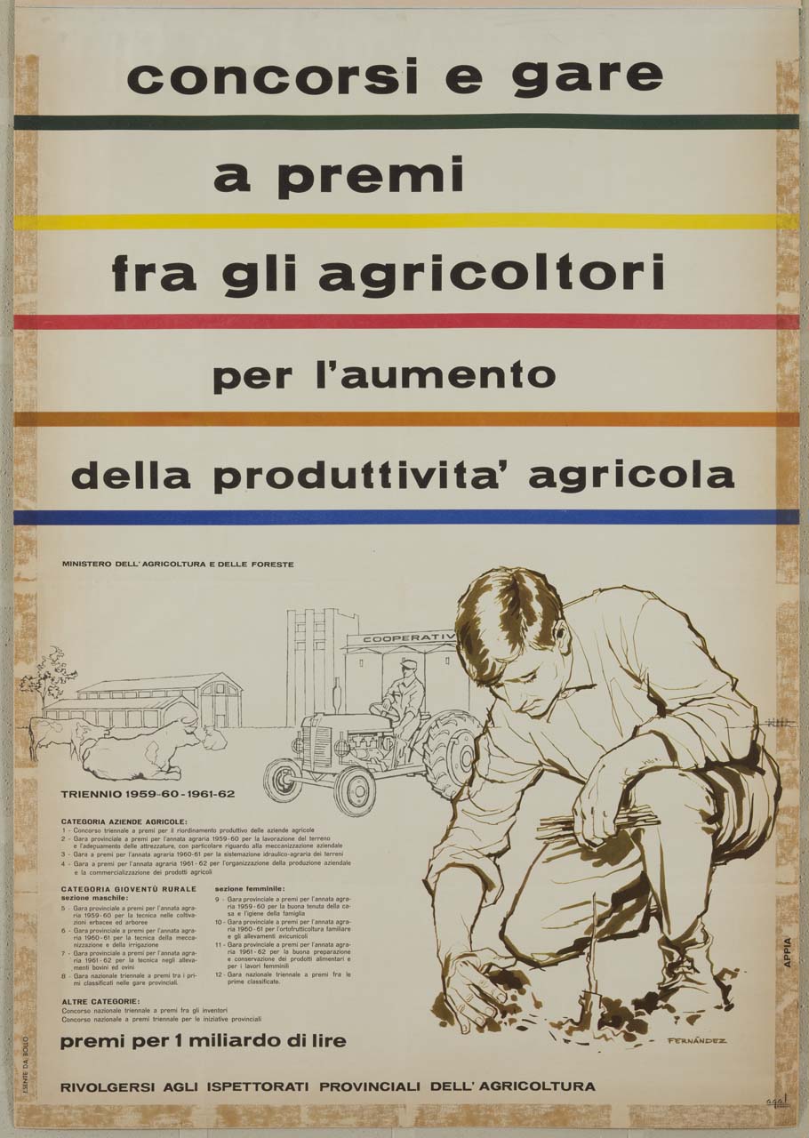 allevamento di bovini, contadino su trattore e contadino durante la semina (manifesto) di Fernandez, Appia - ambito italiano (sec. XX)
