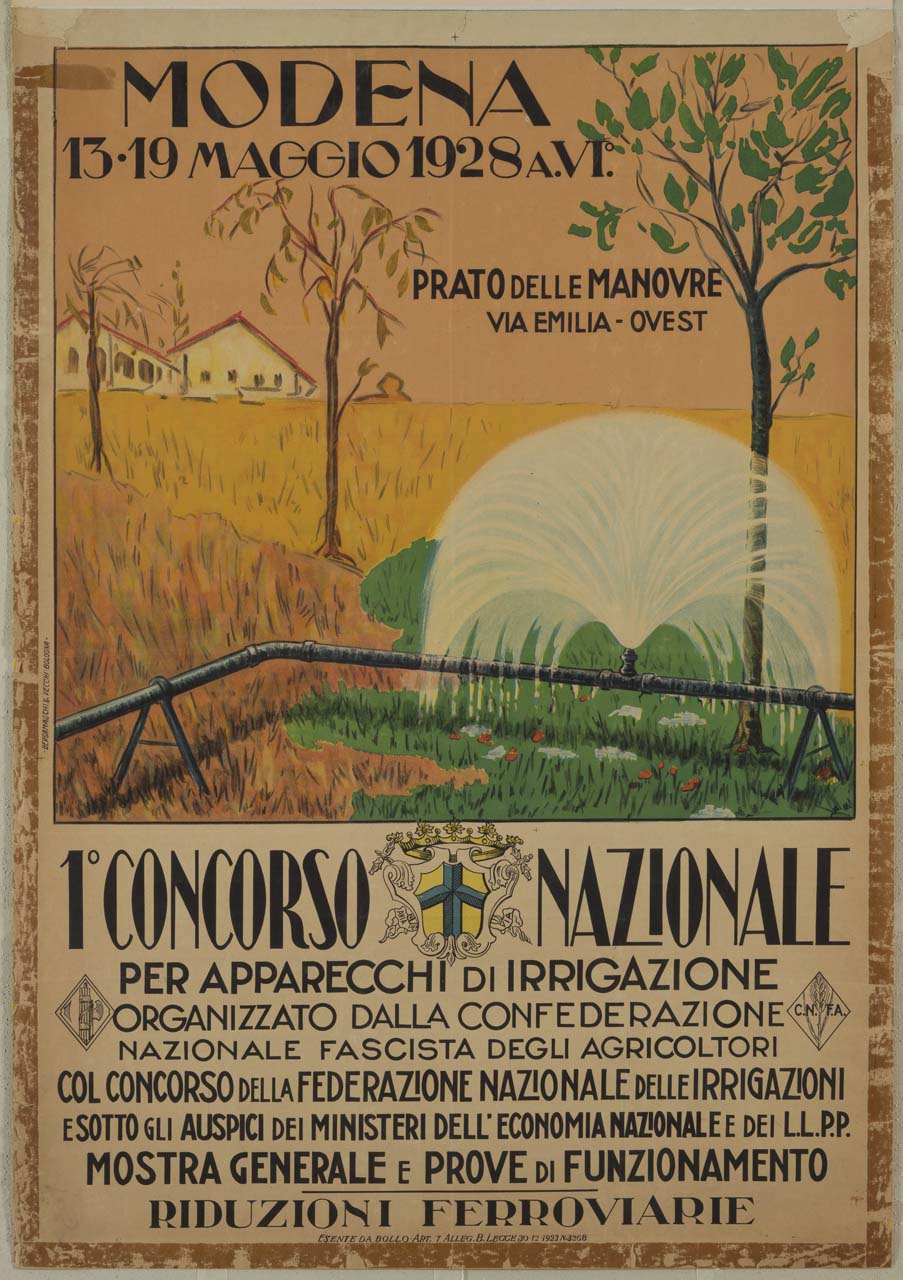 campo agricolo innaffiato da un apparecchio per irrigazione (manifesto) - ambito italiano (sec. XX)