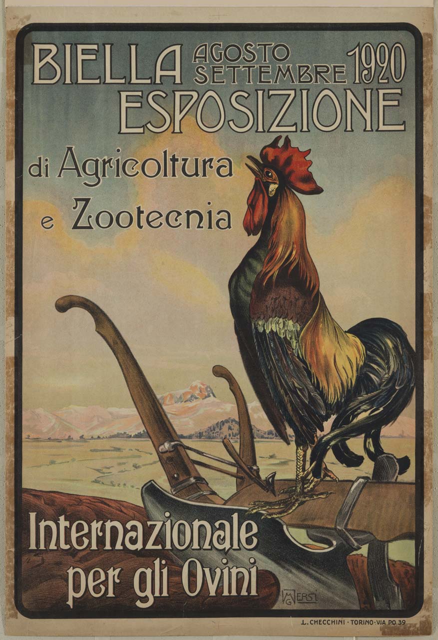 gallo su un aratro sullo sfondo di un panorama montuoso (manifesto) di Mersi G (sec. XX)