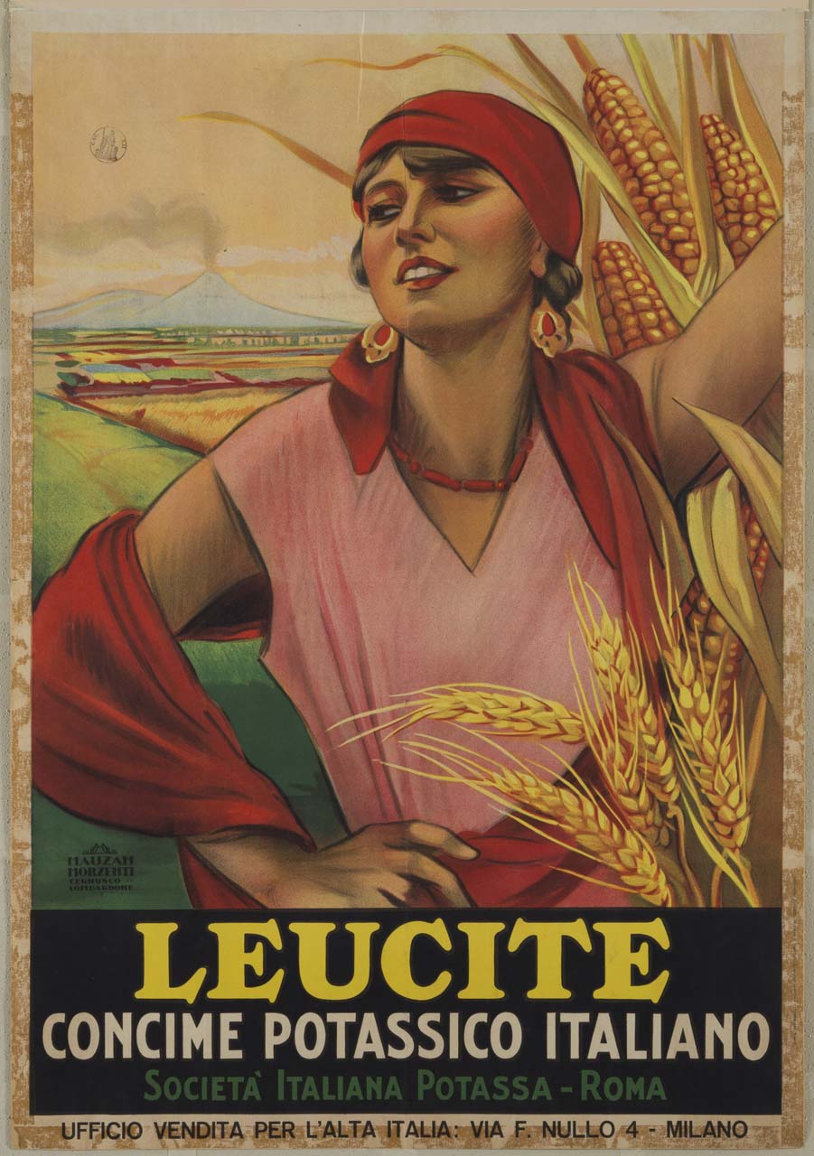 ritratto a mezzo busto di donna con spighe di grano e pannocchie sullo sfondo di un paesaggio campestre con il Vesuvio (manifesto) di Mauzan Achille Luciano (sec. XX)
