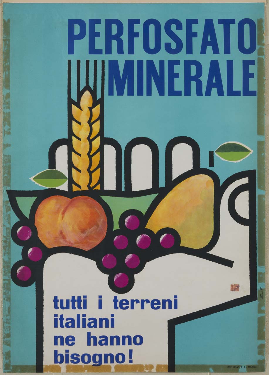 mano sostiene spiga, mela, pera e uva (manifesto) di Ottinetti Piero (sec. XX)