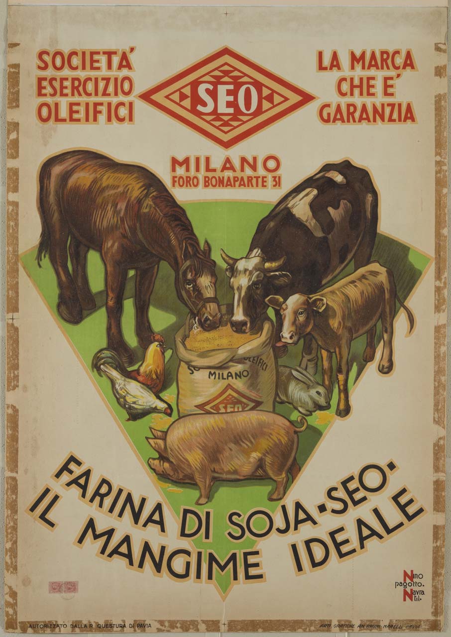 cavallo, bovini, maiale, coniglio e pollane si alimentano da un sacco di farina (manifesto) di Nino Pagotto - Navratil - ambito italiano (sec. XX)