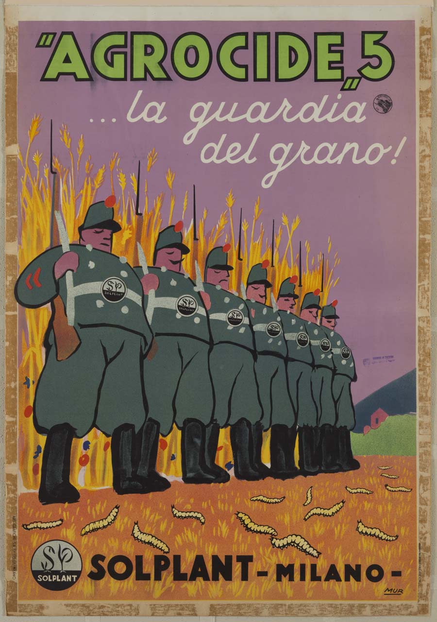 soldati armati impediscono a insetti di infestare i campi di grano (manifesto) - ambito italiano (sec. XX)