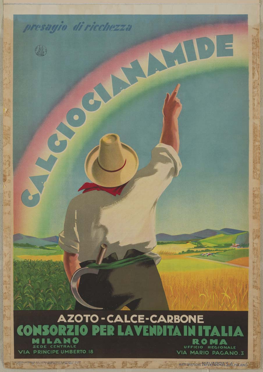 contadino di spalle indica un arcobaleno in un paesaggio campestre con campi coltivati (manifesto) - ambito italiano (sec. XX)