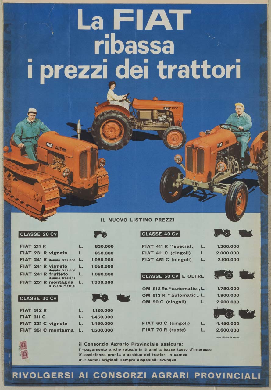 due trattori a ruote e un trattore a cingoli guidati da due uomini e una donna con listino prezzi (manifesto) - ambito italiano (sec. XX)