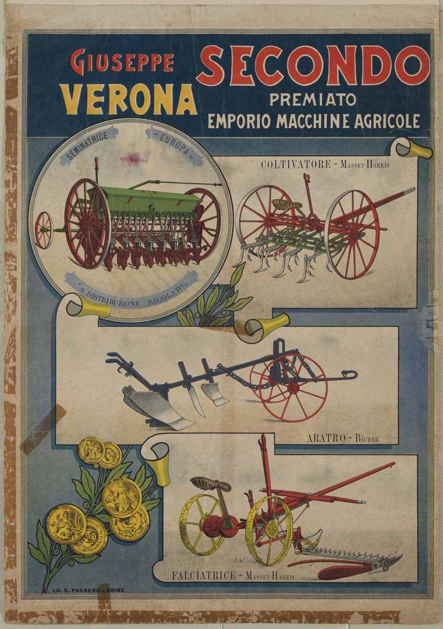 macchine agricole su cartigli e ramo con onorificenze (manifesto) - ambito italiano (sec. XX)