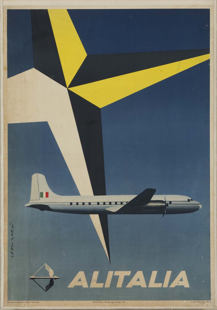 aeroplano in volo e grande rosa dei venti (manifesto) di Broggini Luigi detto Leon Garù (sec. XX)