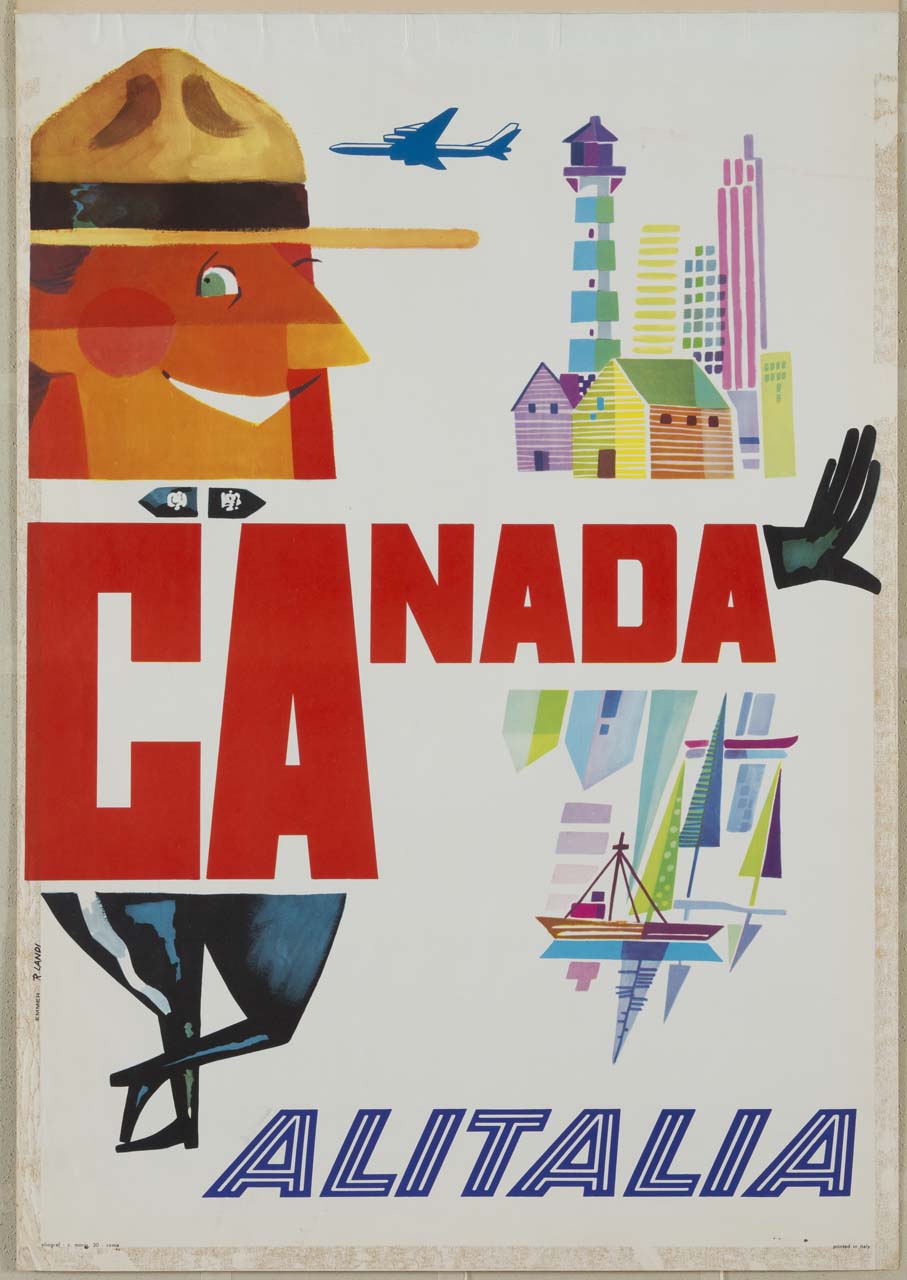 poliziotto canadese, edifici, aeroplano in volo e barca a vela (manifesto) di Emmer, Landi R (sec. XX)