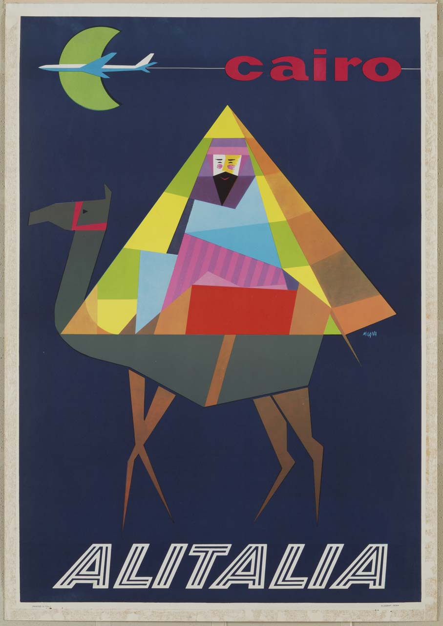 figura maschile con sembianze di piramide su cammello e aereo in volo davanti a mezzaluna (manifesto) di Milana - ambito italiano (sec. XX)