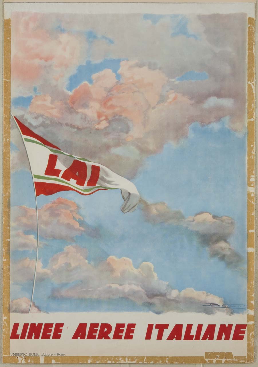 bandiera contenente LAI sventolante in un cielo di nuvole (manifesto) - ambito italiano (sec. XX)