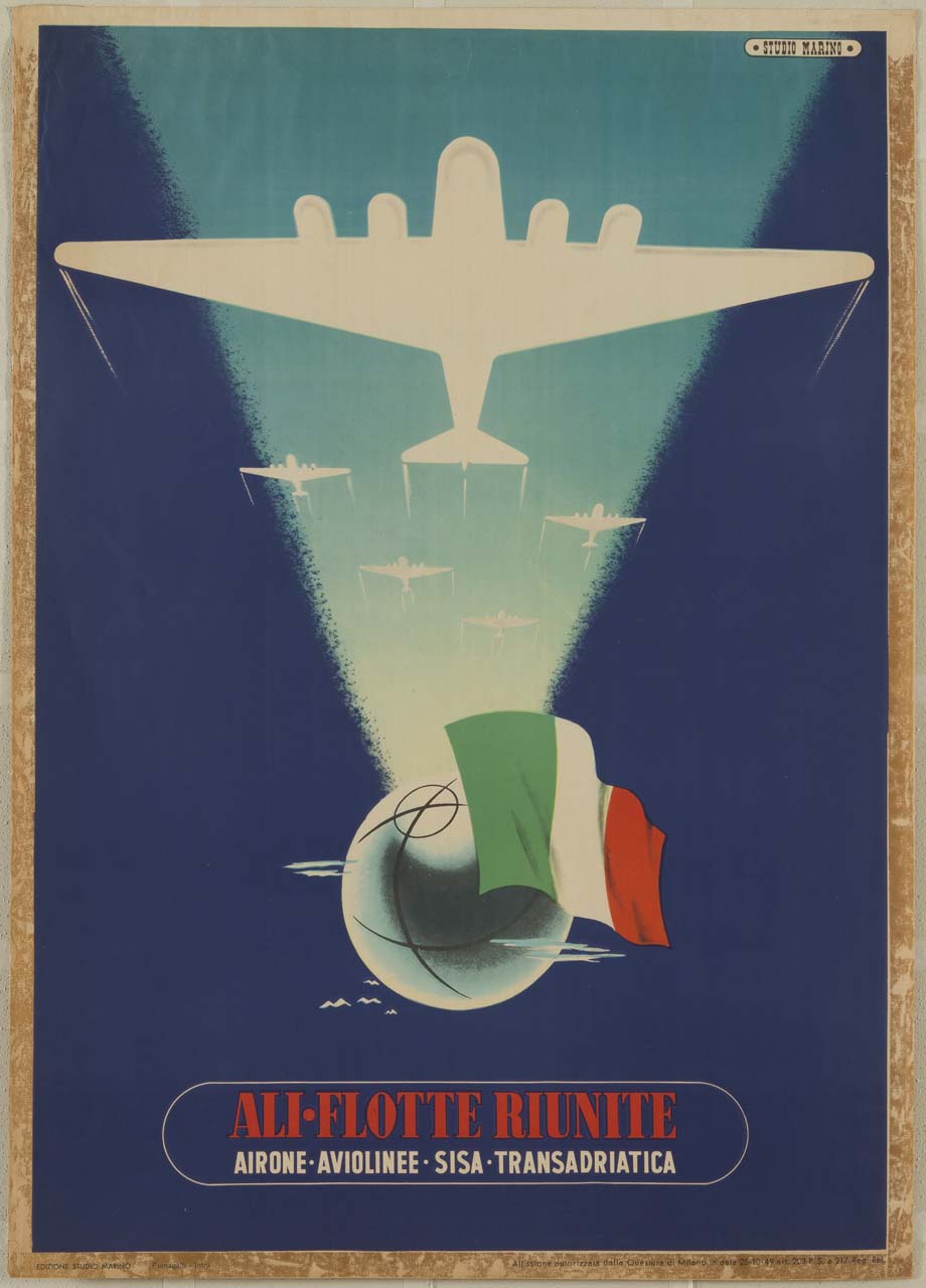 aeroplani in volo sopra il Globo terrestre e bandiera italiana (manifesto) di Studio Marino - ambito italiano (sec. XX)