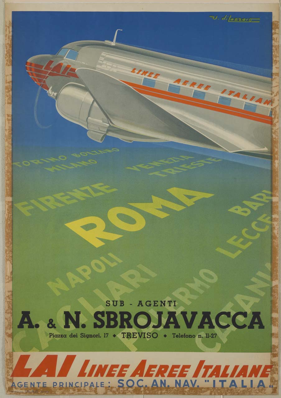 aeroplano sorvola nomi di città italiane (manifesto) di Di Lazzaro Umberto (sec. XX)